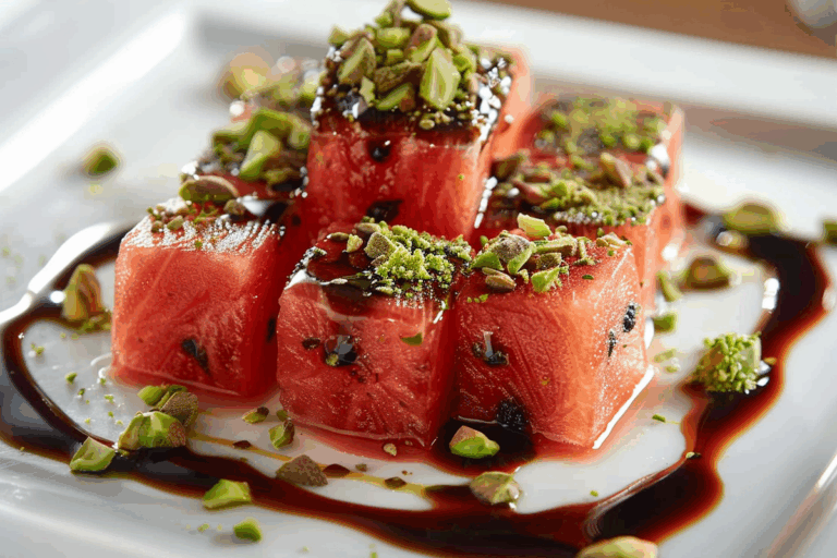 Frozen Watermelon Cubes with Pistachio Cheese Truffle & Balsamic Glaze
