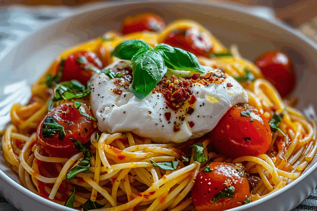 Roasted Tomato And Burrata Basil Pasta