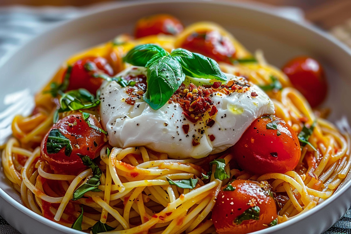 Roasted Tomato And Burrata Basil Pasta