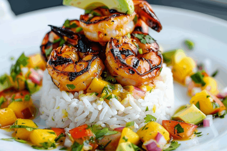 Grilled Garlic-Lime Shrimp with Mango-Avocado Salsa & Coconut Jasmine Rice