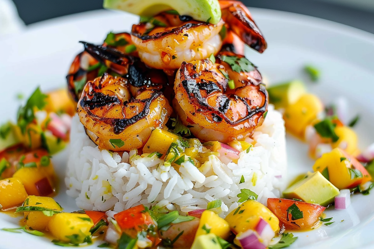 Grilled Garlic-Lime Shrimp with Mango-Avocado Salsa & Coconut Jasmine Rice