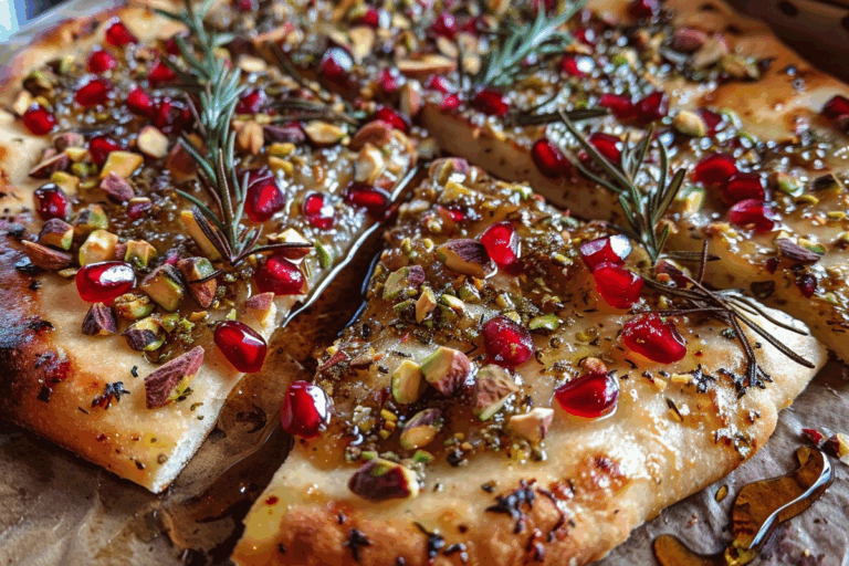 Pomegranate & Pistachio Holiday Flatbread with Rosemary Honey Drizzle