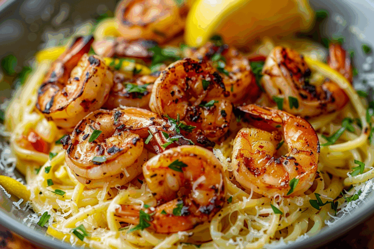 Spicy Grilled Shrimp over Lemon Pasta