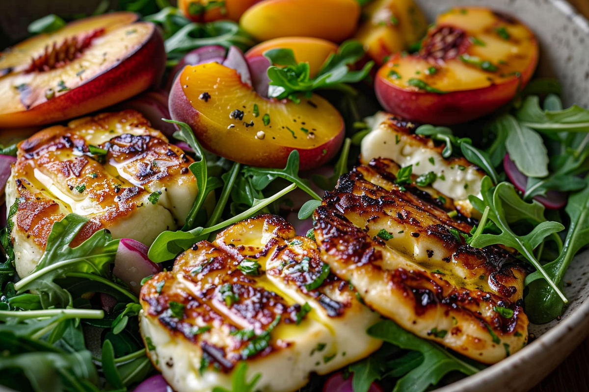 Halloumi and Grilled Peach Salad with Arugula and Mint