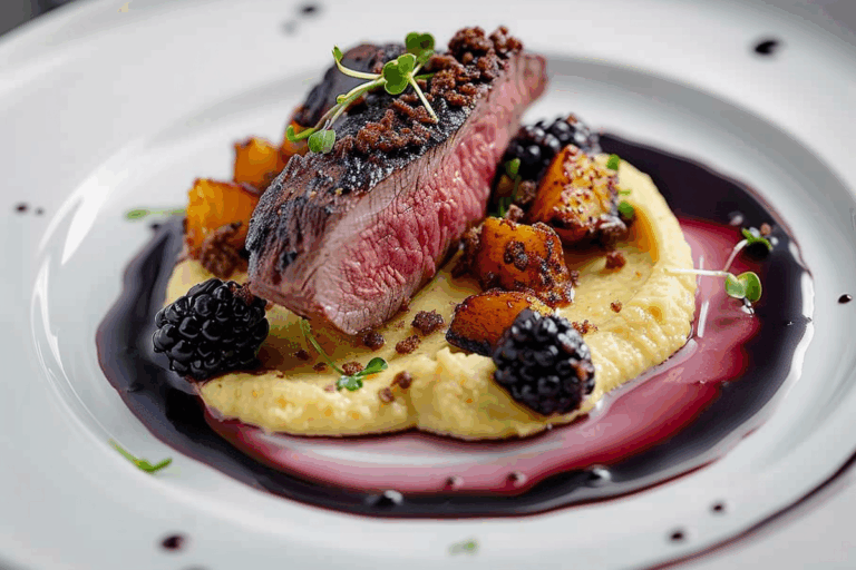 Coffee-Crusted Venison Loin with Blackberry Port Reduction & Parsnip-Chestnut Purée