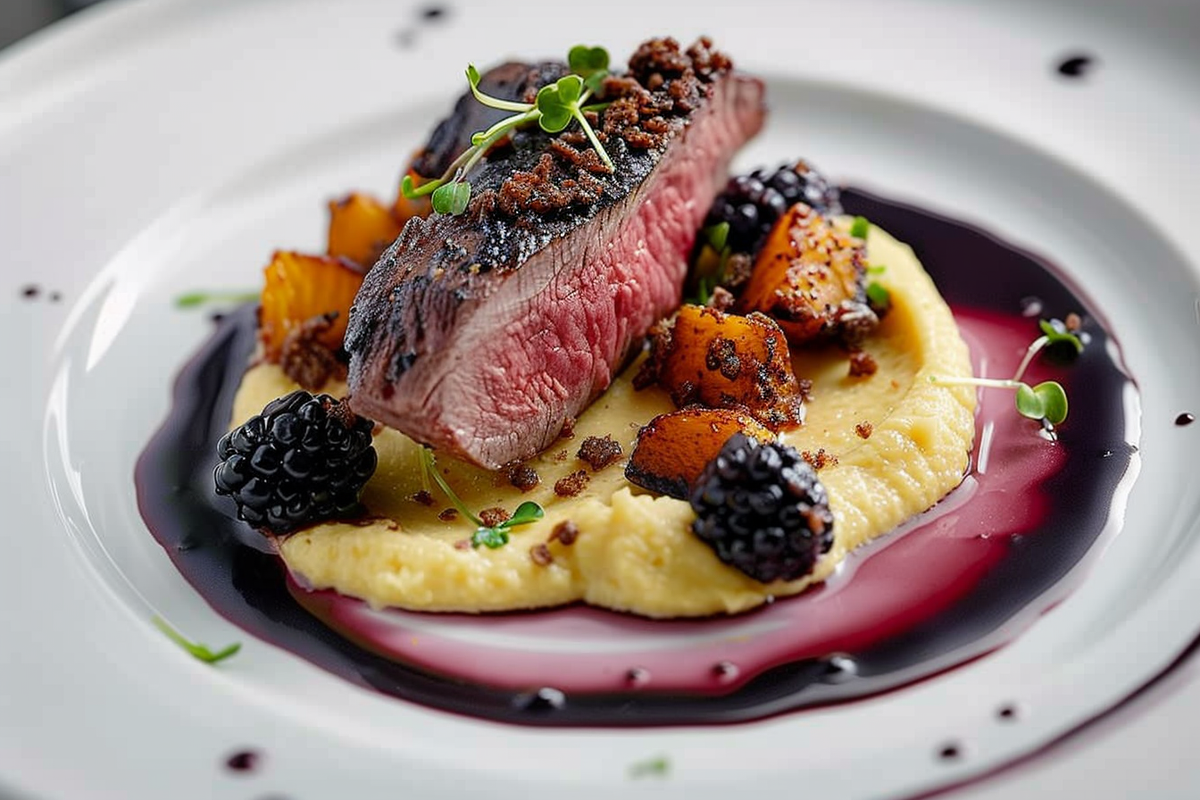 Coffee-Crusted Venison Loin with Blackberry Port Reduction & Parsnip-Chestnut Purée