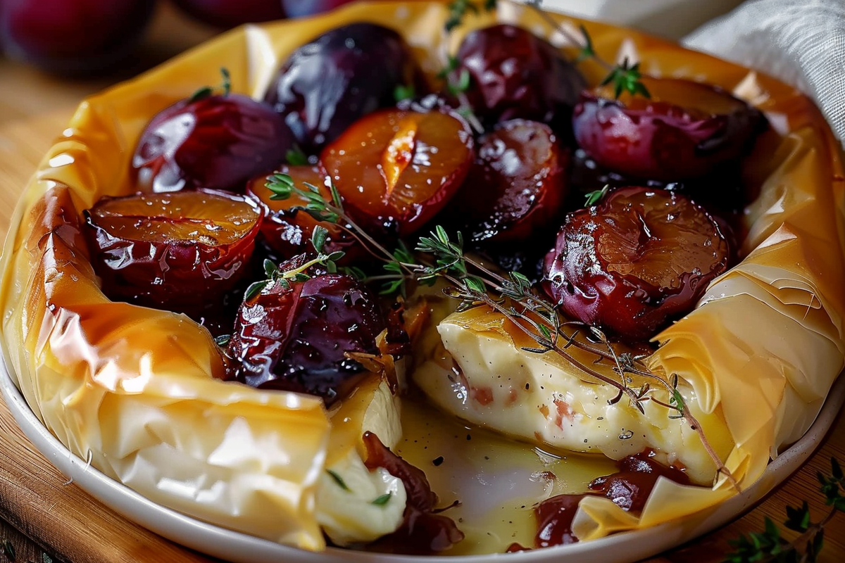Baked Brie with Roasted Plums and Thyme in Phyllo Crust