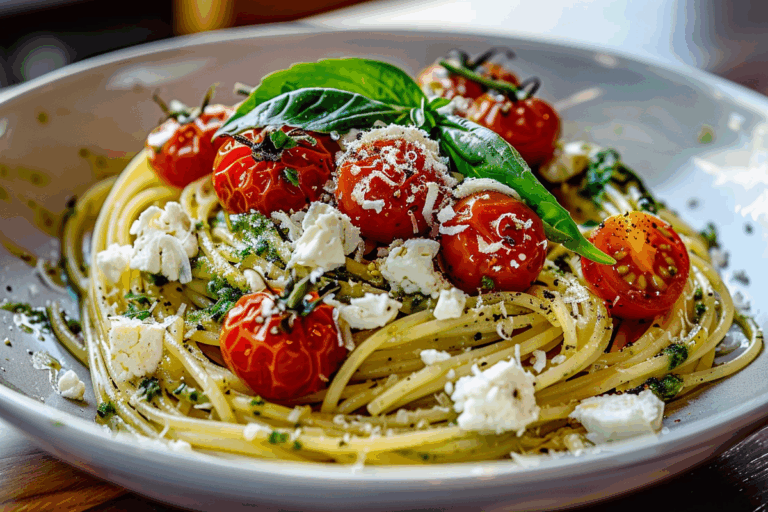 Lemon Pesto Spaghetti with Roasted Cherry Tomatoes and Feta