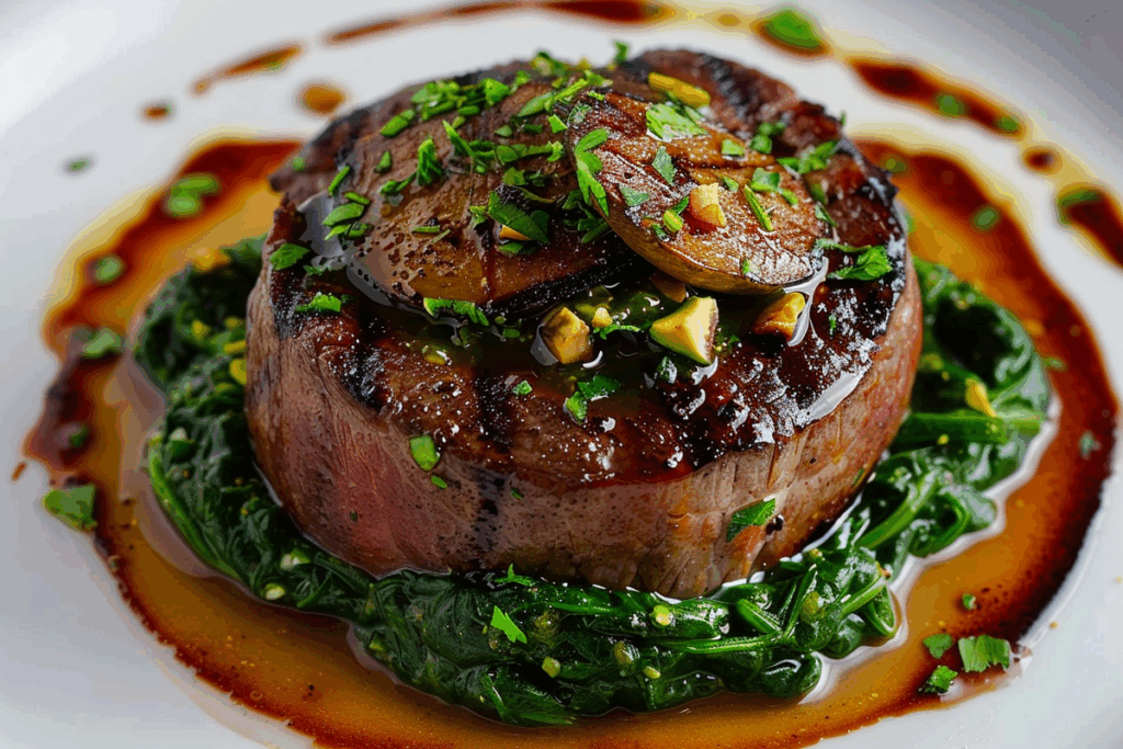 Grilled Filet Mignon with Sauce Diane & Spinach-Pistachio Purée