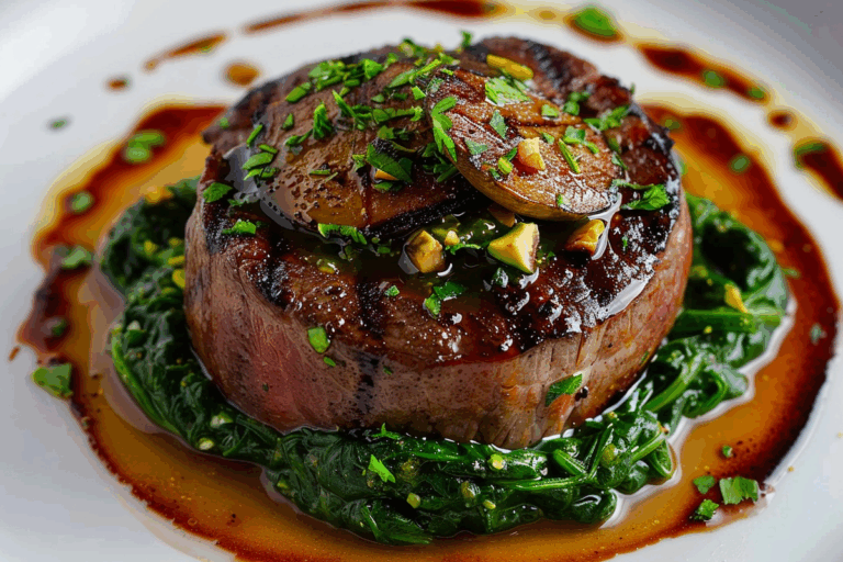 Grilled Filet Mignon with Sauce Diane & Spinach-Pistachio Purée