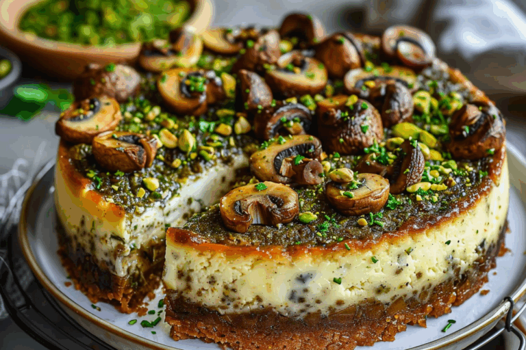 Savory Pistachio & Mushroom Cheesecake with Feta-Parmesan Crust