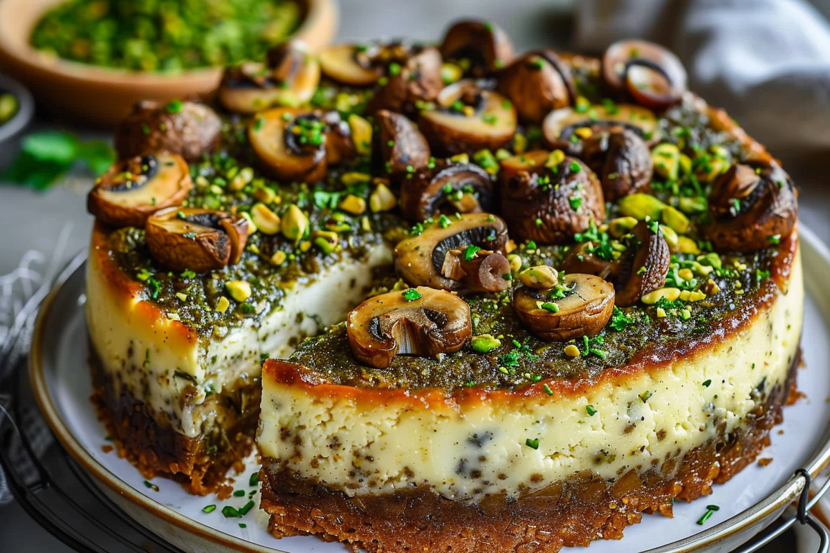 Savory Pistachio & Mushroom Cheesecake with Feta-Parmesan Crust