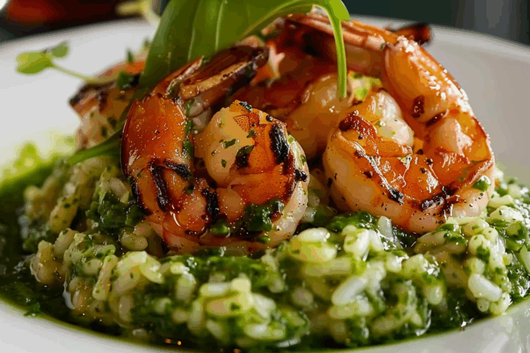 Grilled Shrimp with Pesto Sauce on Creamy Pesto Risotto