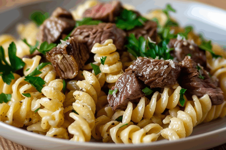 Garlic Steak Rotini with Creamy Parmesan Sauce