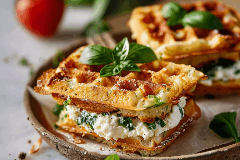 Savory Parmesan Waffle Sandwiches with Frozen Basil Ricotta Mousse