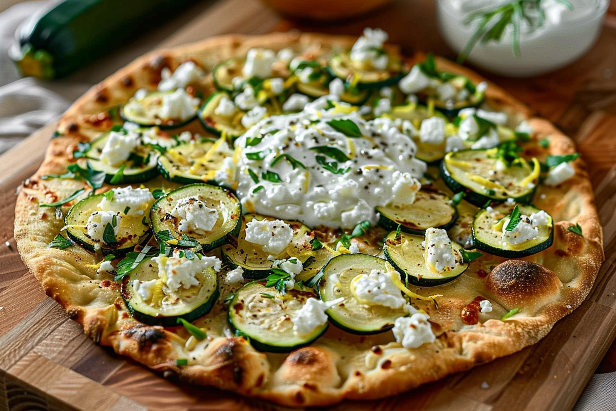 Flatbread with Feta Zucchini and Lemon Garlic Yogurt