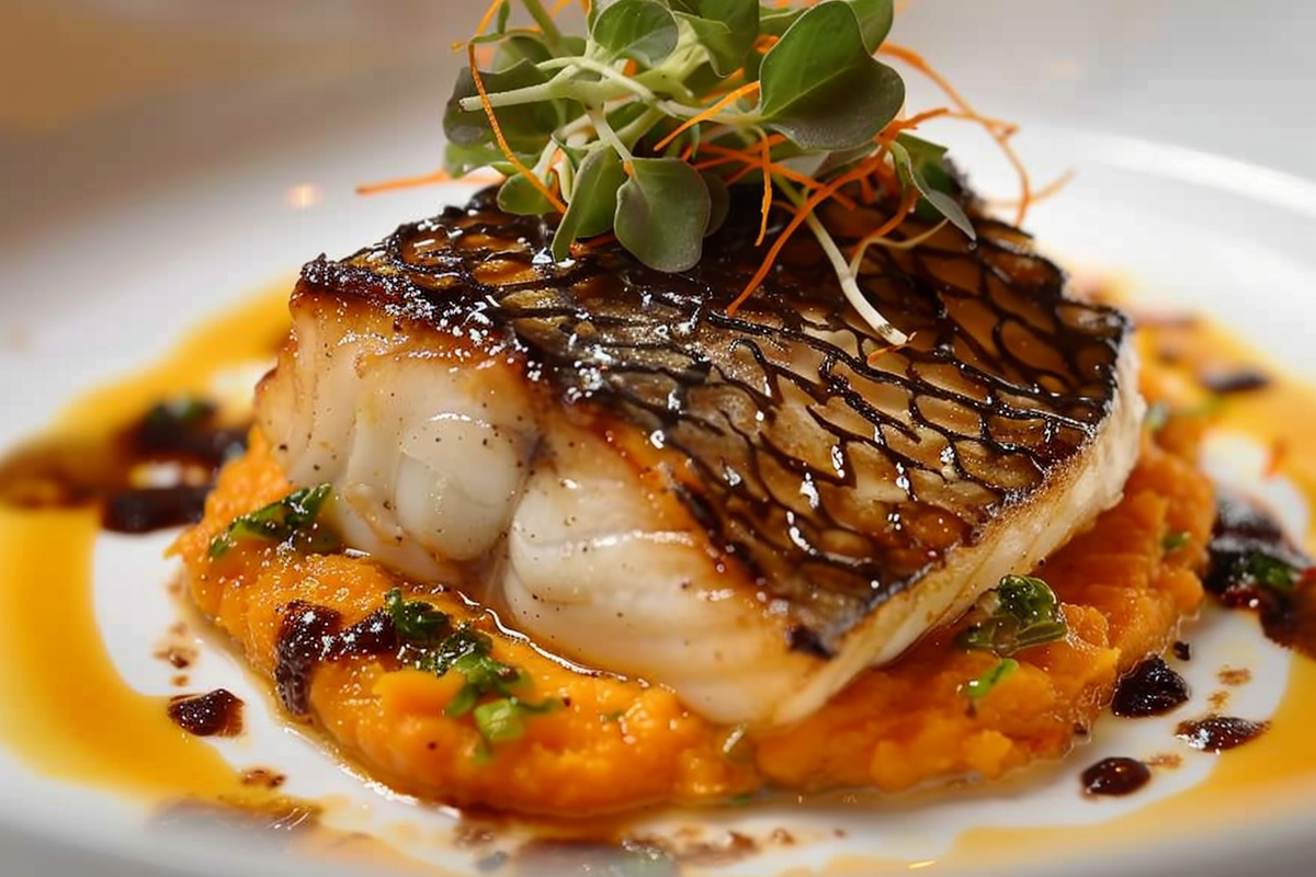 Pan-Seared Barramundi with Miso Sweet Potato Purée & Umami Dashi Broth