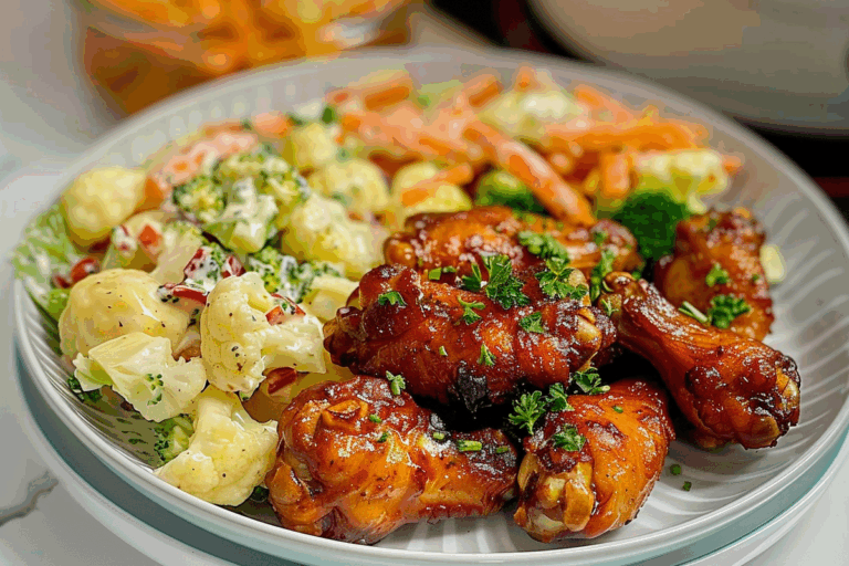 Chicken Wings and Potato Salad with Broccoli & Cauliflower