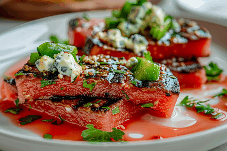 Swicy Grilled Watermelon Steak with Blue Cheese Fondue