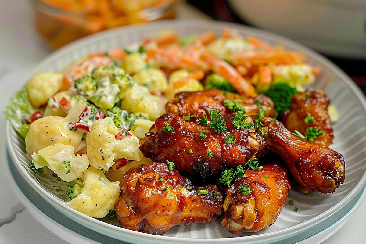 Chicken Wings and Potato Salad with Broccoli & Cauliflower