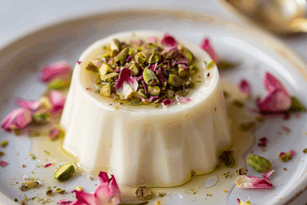 White Chocolate & Cardamom Panna Cotta with Pistachio & Rose