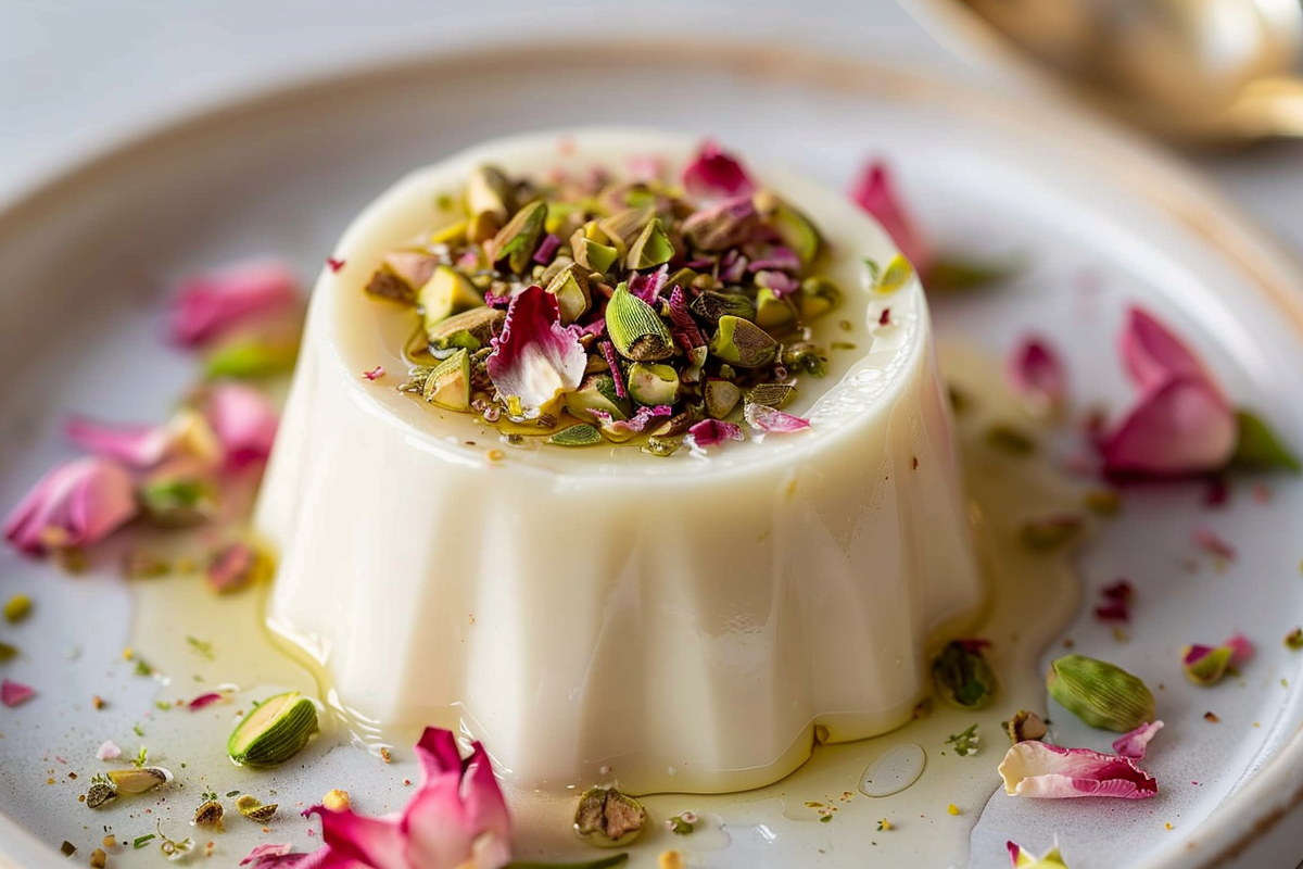 White Chocolate & Cardamom Panna Cotta with Pistachio & Rose