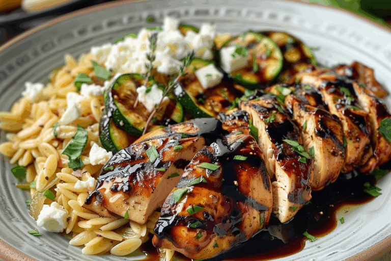 Balsamic Glazed Chicken & Orzo with Feta & Grilled Zucchini