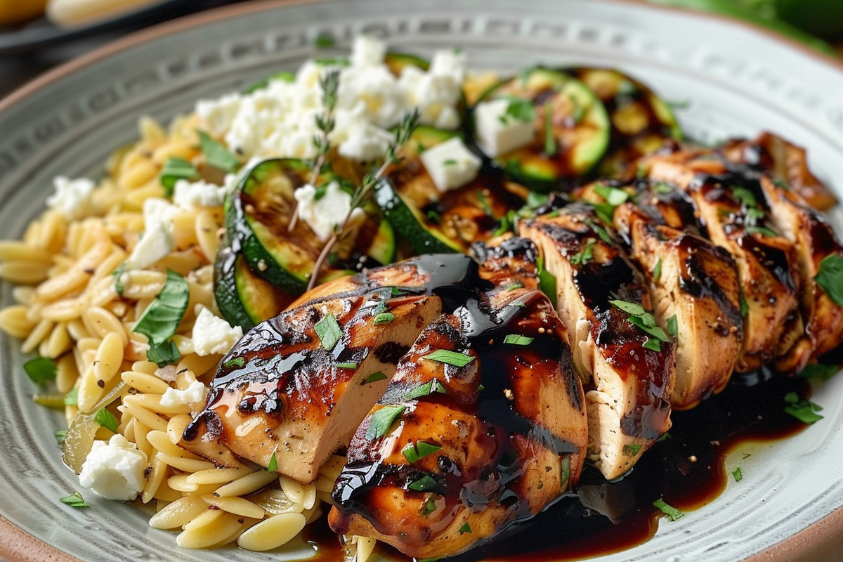 Balsamic Glazed Chicken & Orzo with Feta & Grilled Zucchini