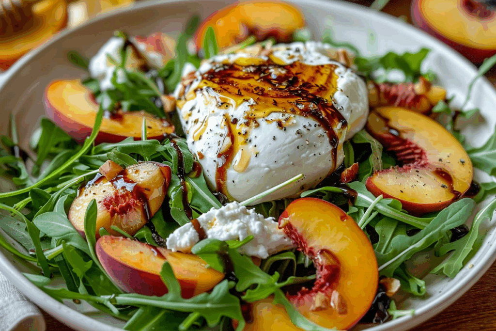 Peach Arugula Burrata Salad with Honey Balsamic