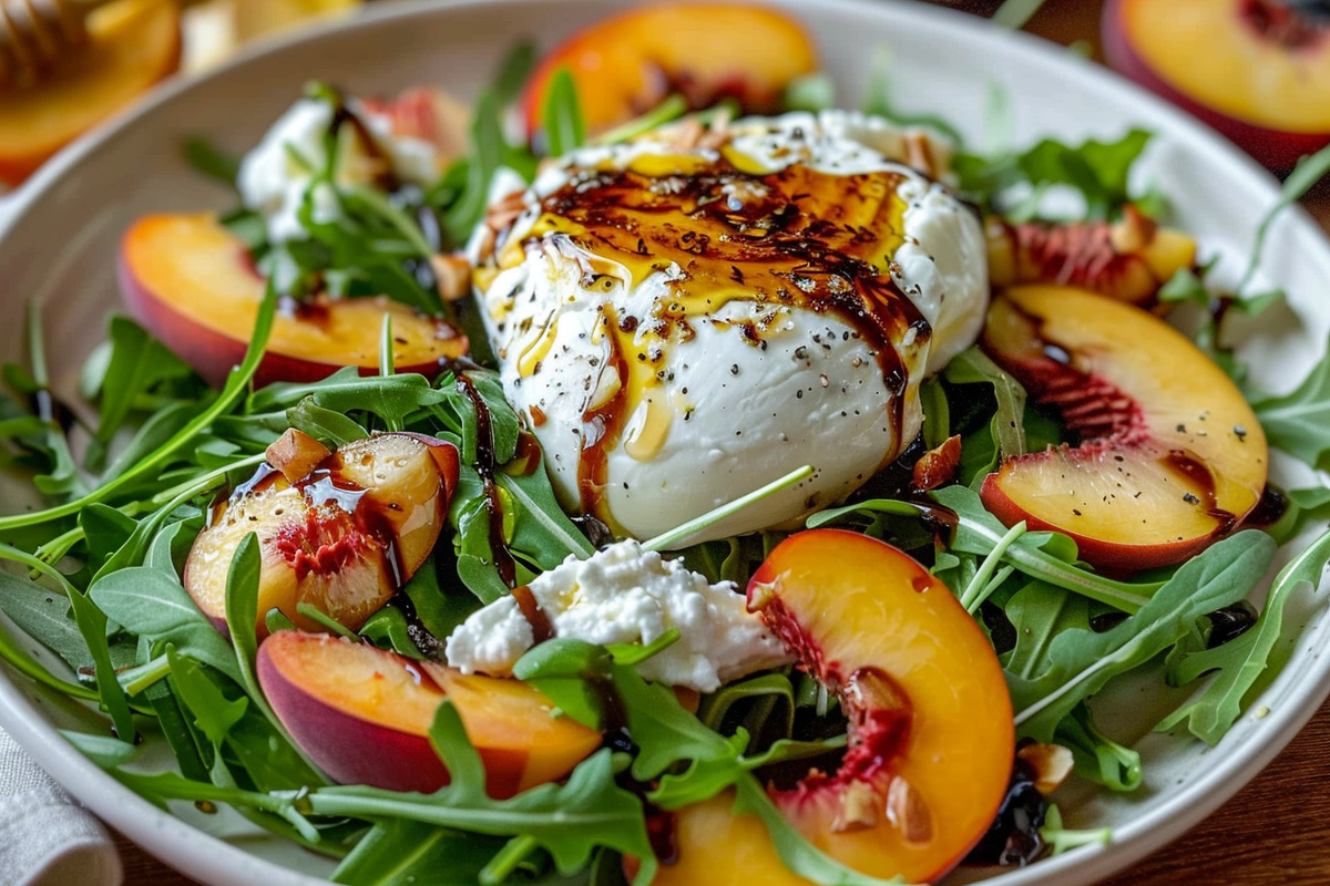 Peach Arugula Burrata Salad with Honey Balsamic
