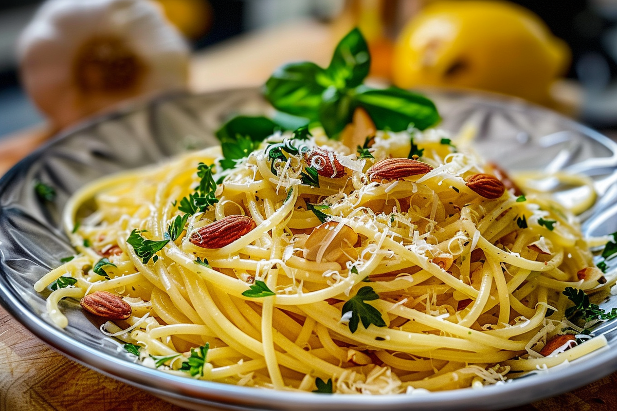Lemon Garlic Spaghetti with Toasted Almonds