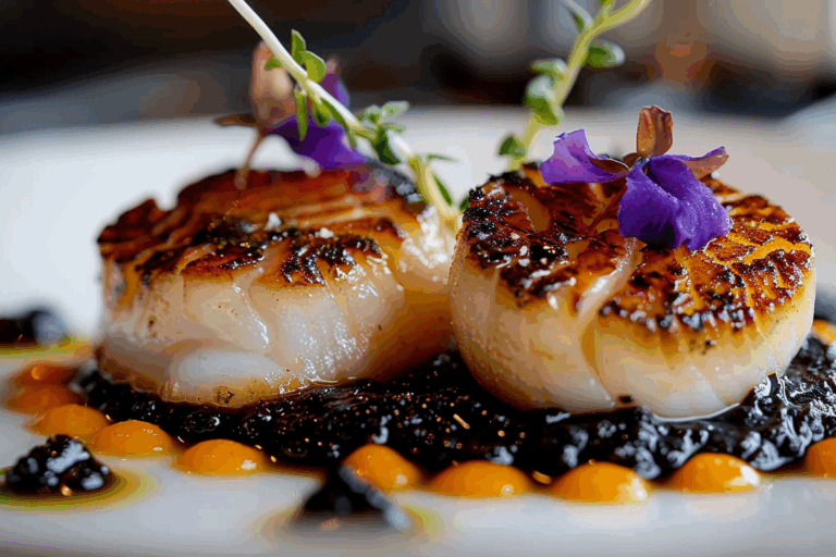 Flame-Seared Scallops with Black Garlic Puree