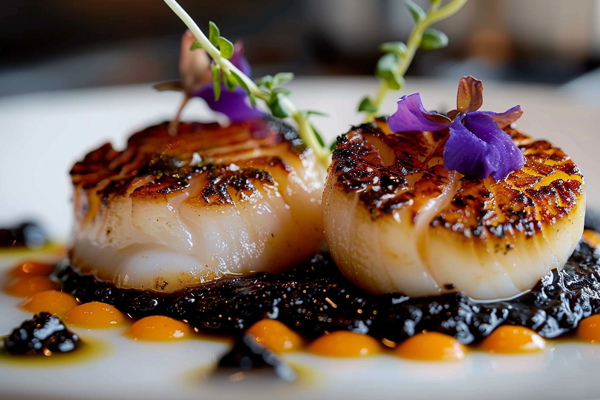 Flame-Seared Scallops with Black Garlic Puree