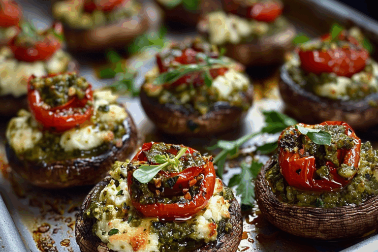 Goat Cheese Sun-Dried Tomato & Pesto Stuffed Mushrooms