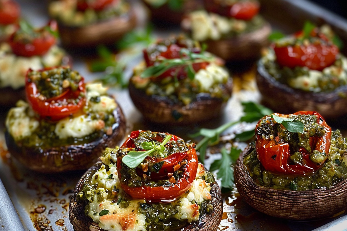 Goat Cheese Sun-Dried Tomato & Pesto Stuffed Mushrooms