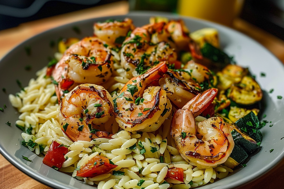 Lemon Herb Orzo with Grilled Shrimp and Roasted Veggies