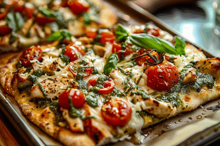 Pesto Chicken Flatbread with Cherry Tomatoes and Mozzarella