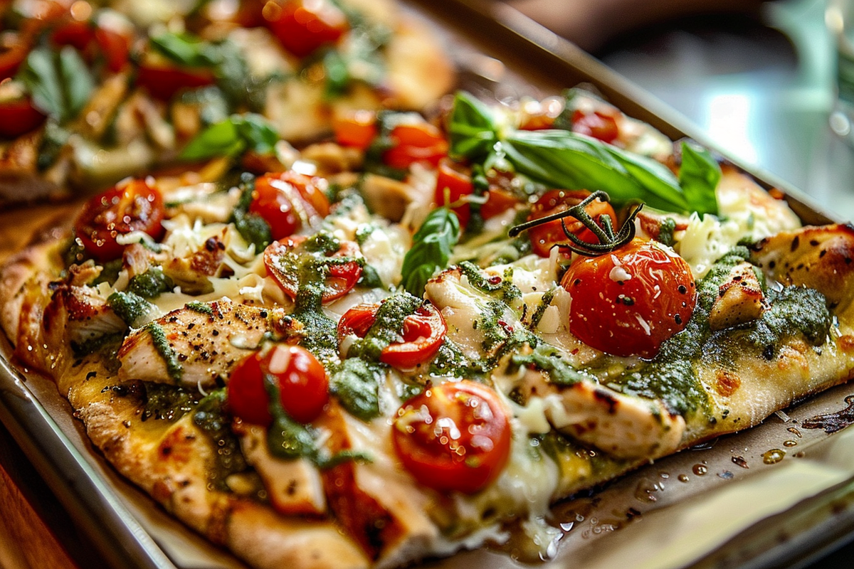 Pesto Chicken Flatbread with Cherry Tomatoes and Mozzarella
