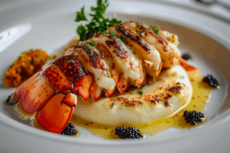 Garlic-Herb Butter Baked Lobster Tail with Truffle Cauliflower Purée & Caviar Beurre Blanc