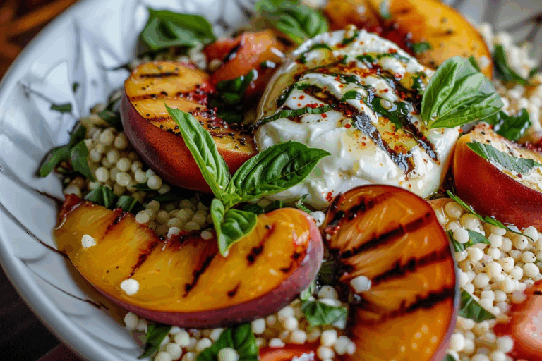 Grilled Peach Burrata Couscous Salad