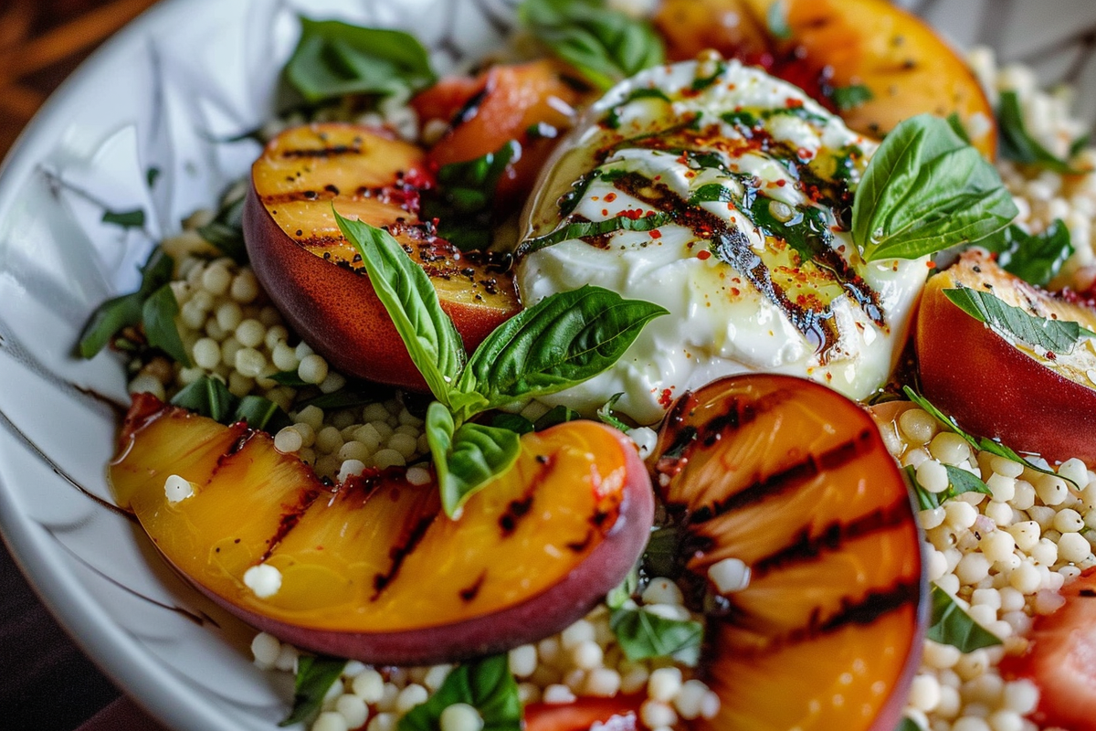 Grilled Peach Burrata Couscous Salad