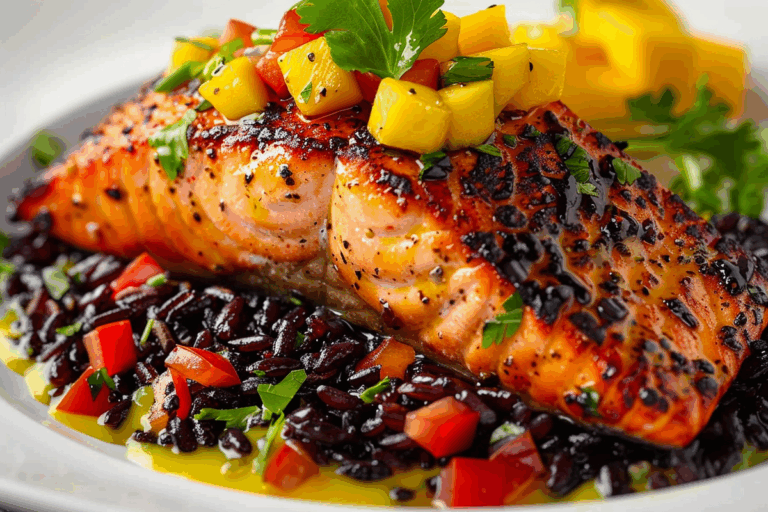 Maple-Lacquered Salmon with Forbidden Rice & Mango Salsa