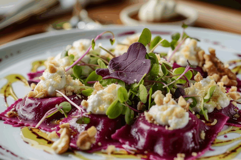 Raw Chioggia Beet Ravioli with Whipped Cheese and Walnut