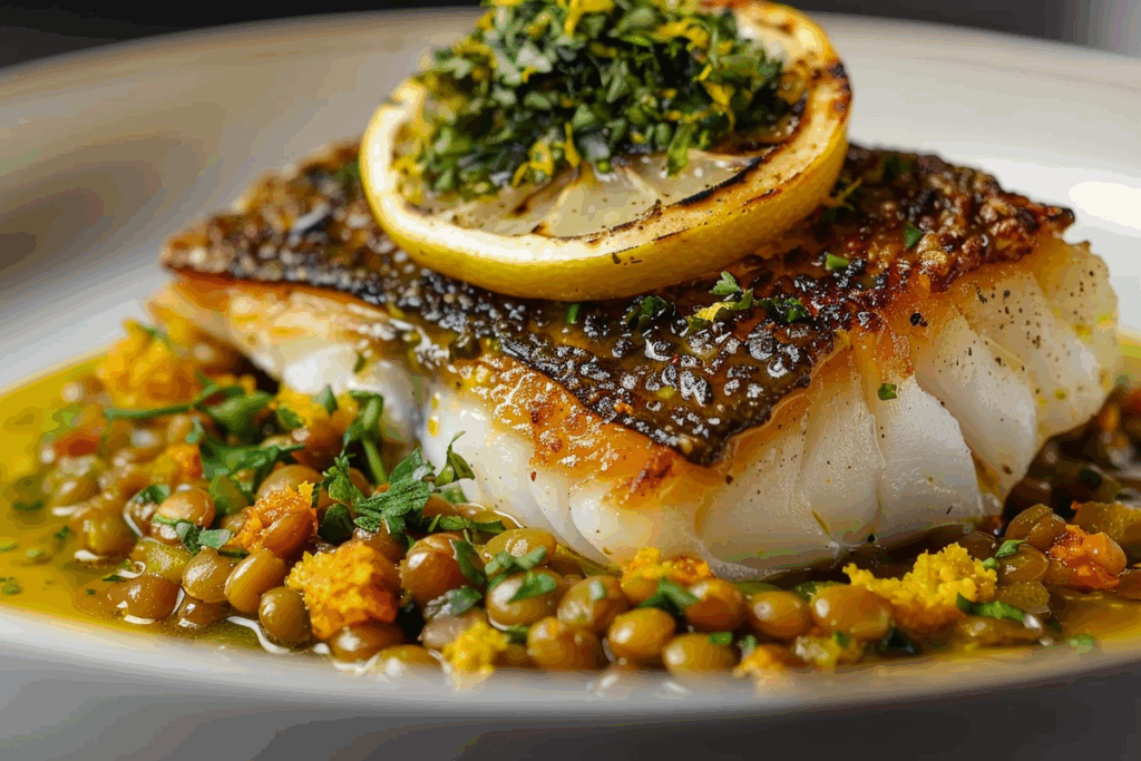 Crispy Skin Cod with Saffron Lentil Stew & Charred Lemon Gremolata