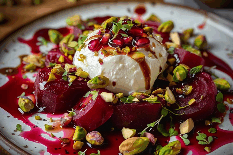 Burrata Beet Salad with Pomegranate Glaze and Pistachios