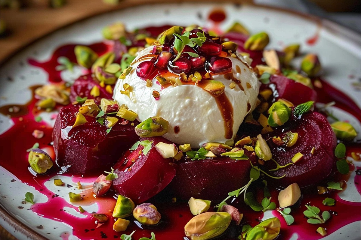 Burrata Beet Salad with Pomegranate Glaze and Pistachios
