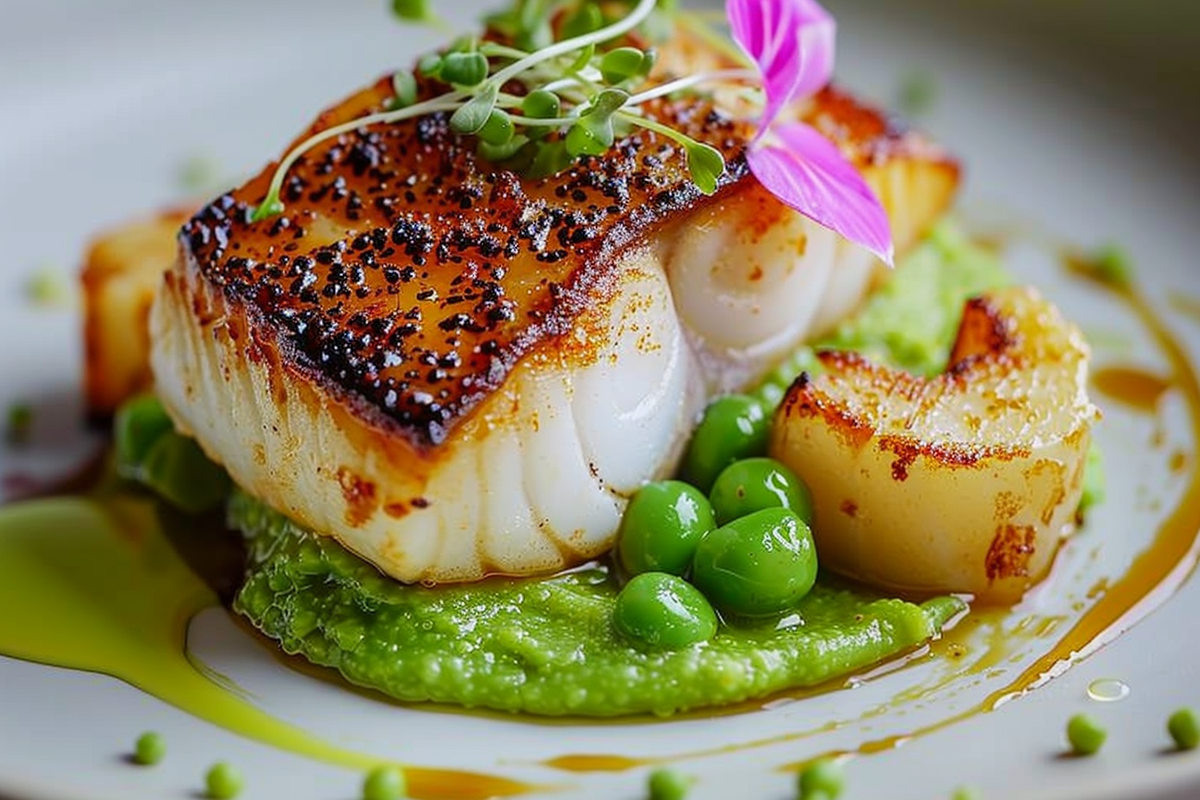 Miso-Glazed Black Cod with Wasabi Pea Purée & Citrus Ponzu Drizzle