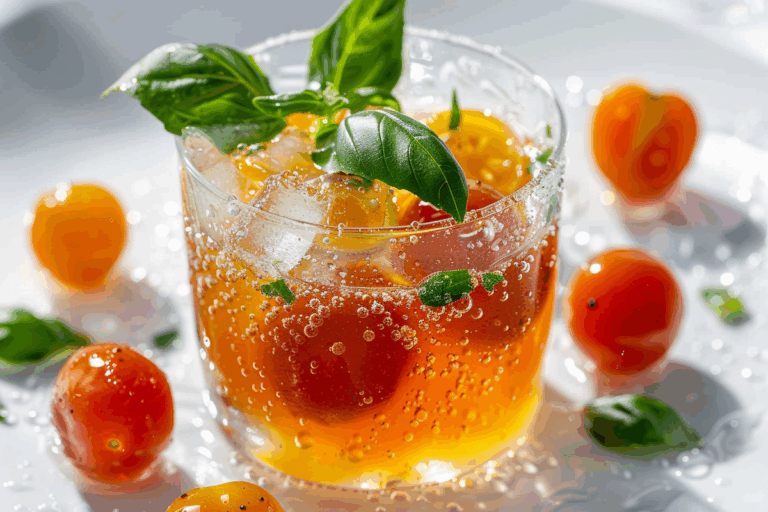 Chilled Tomato Water with Frozen Basil Oil Drop