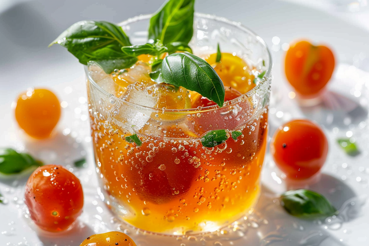 Chilled Tomato Water with Frozen Basil Oil Drop
