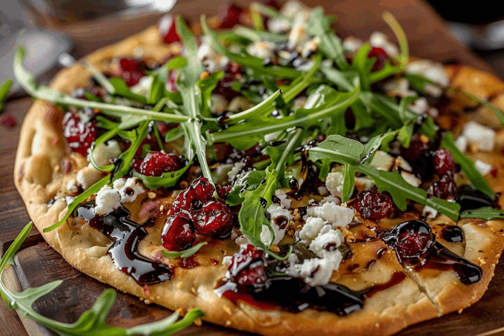 Cranberry Balsamic Flatbread with Goat Cheese and Arugula